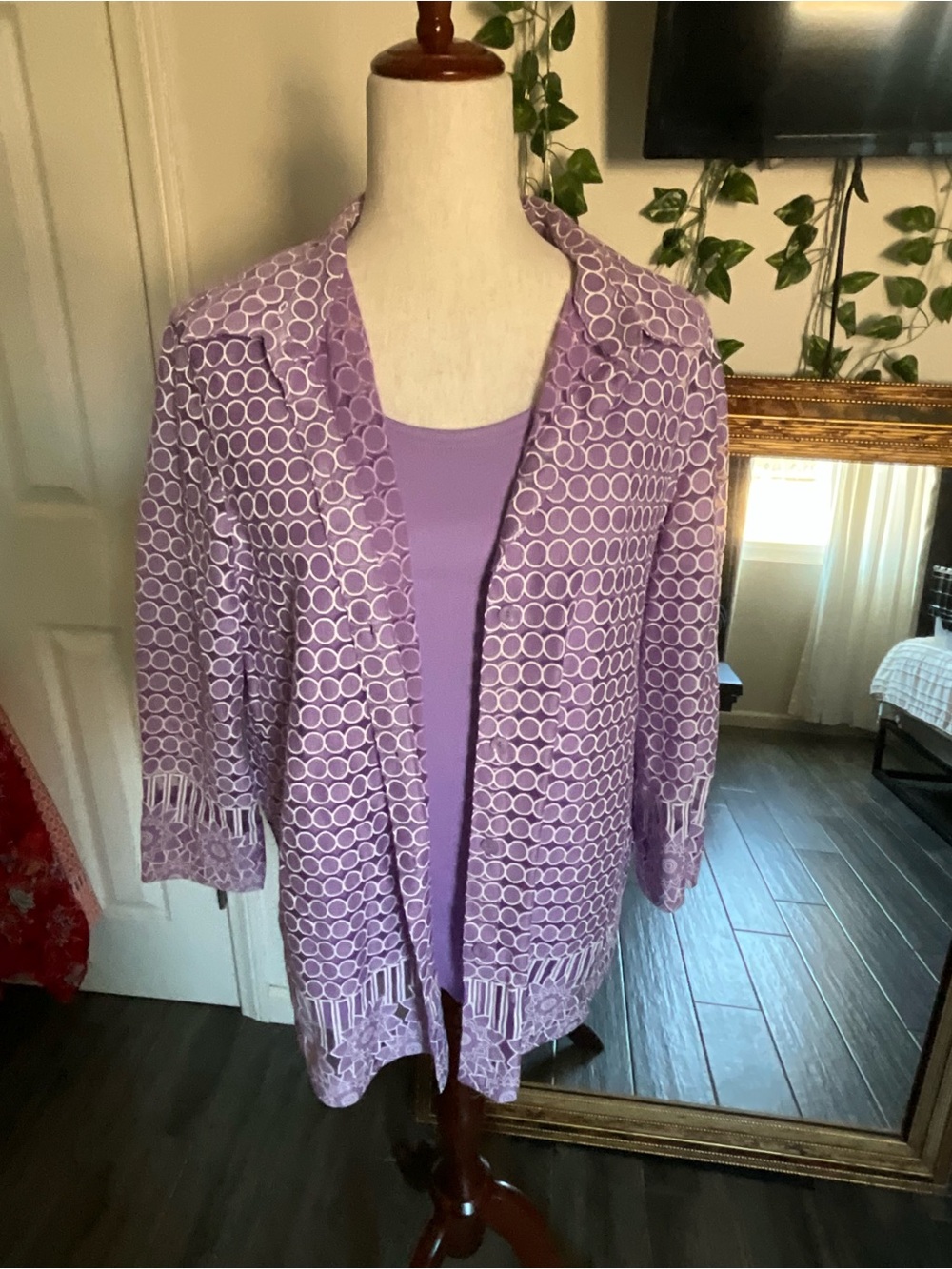 Alfred Dunner Lavender Open-Front Circle-Pattern Cardigan